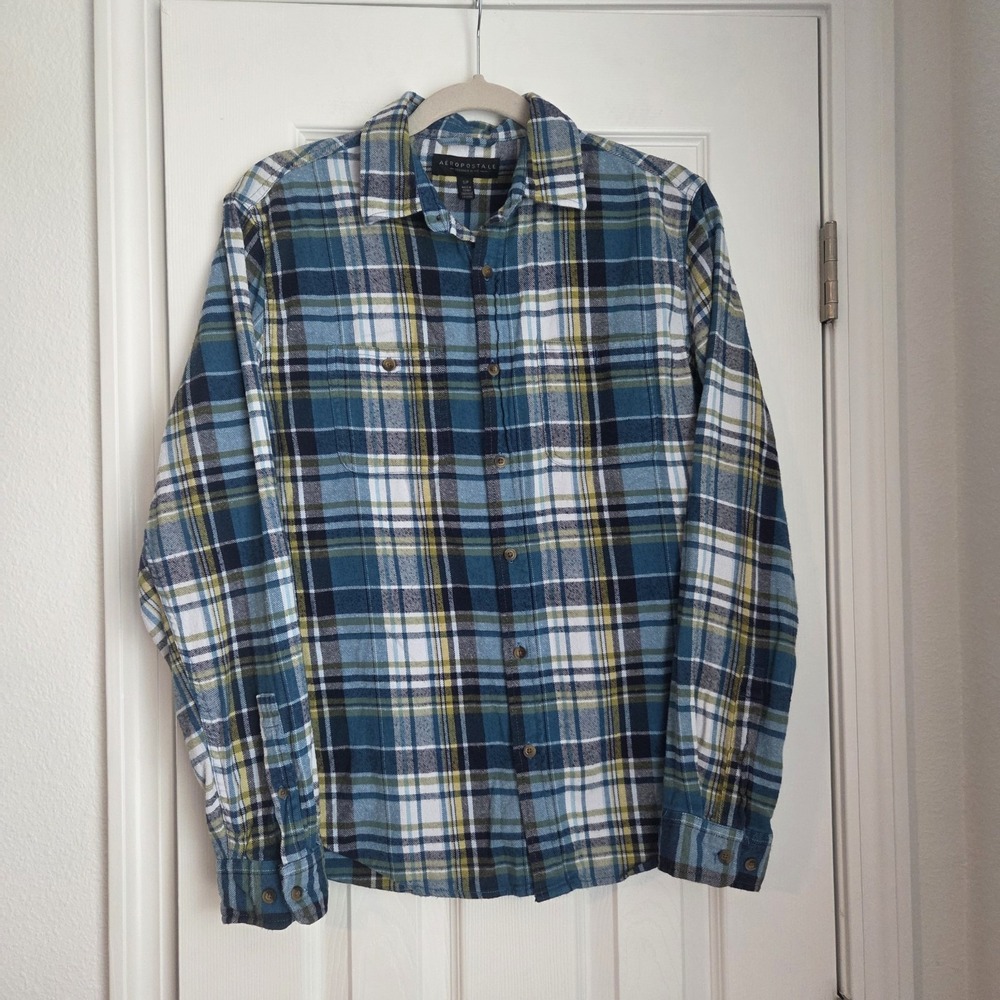 Aeropostale Flannel Shirt Mens S Blue Green Yellow Plaid Long Sleeve Cabin-core